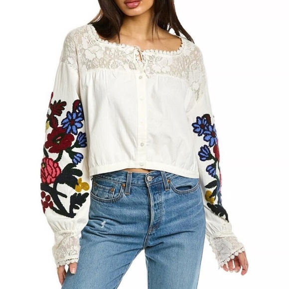 Free People cotton embroiders long sleeve floral buttoned cropped blouse size XS - Picture 1 of 5
